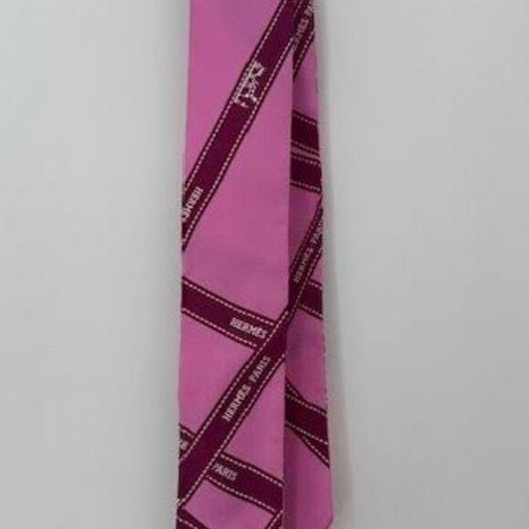 HERMES Silk Twilly Scarf. Buloc Logo Ribbon" Pink 33" L X 2" W - Picture 2 of 6